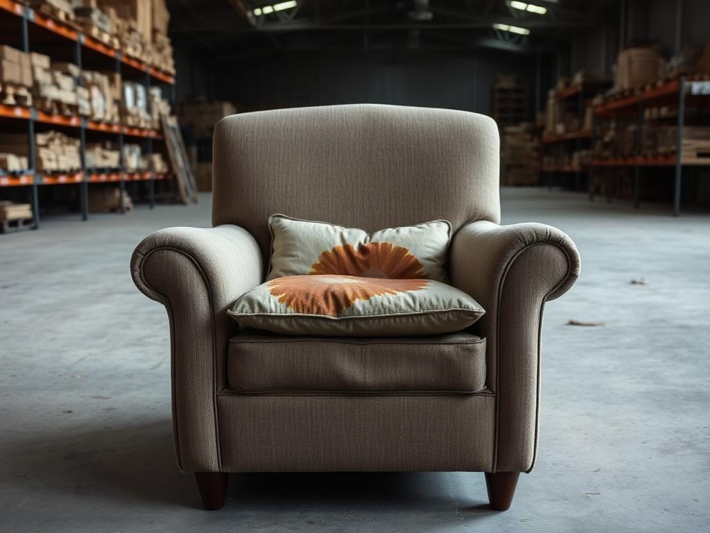 Tired fabric armchair with a stained cushion and flattened seat, photographed at intake