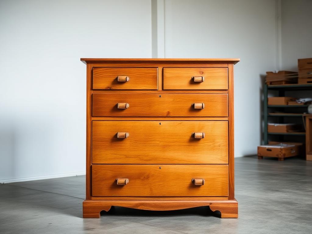 The same pine chest of drawers sanded, oiled and fitted with matching wooden handles, ready to rehome