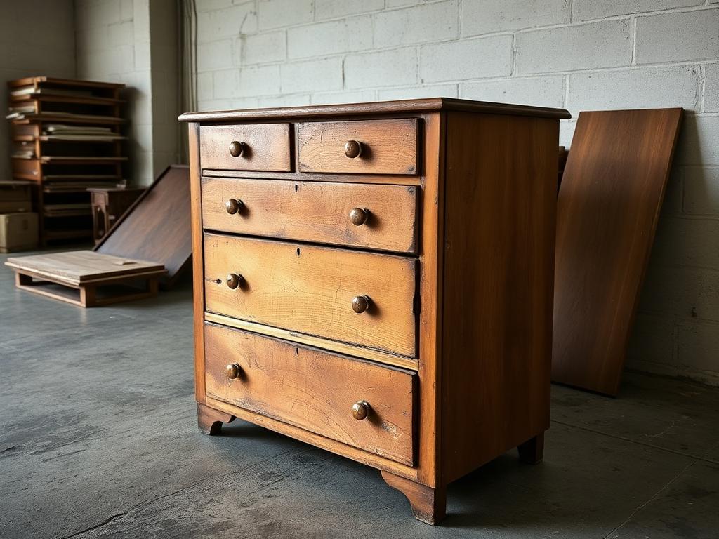 Scuffed pine chest of drawers with water-marked top and a missing handle, awaiting repair in the workshop