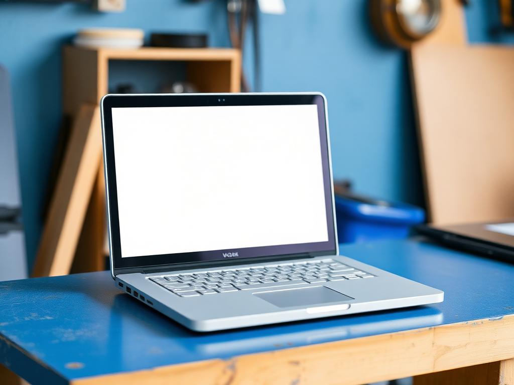 The same laptop cleaned and working, powered on with a fresh operating system on the workshop bench