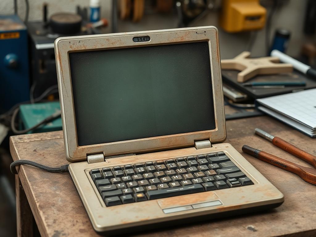 Grubby, corroded laptop with worn keys sitting on a repair bench before refurbishment
